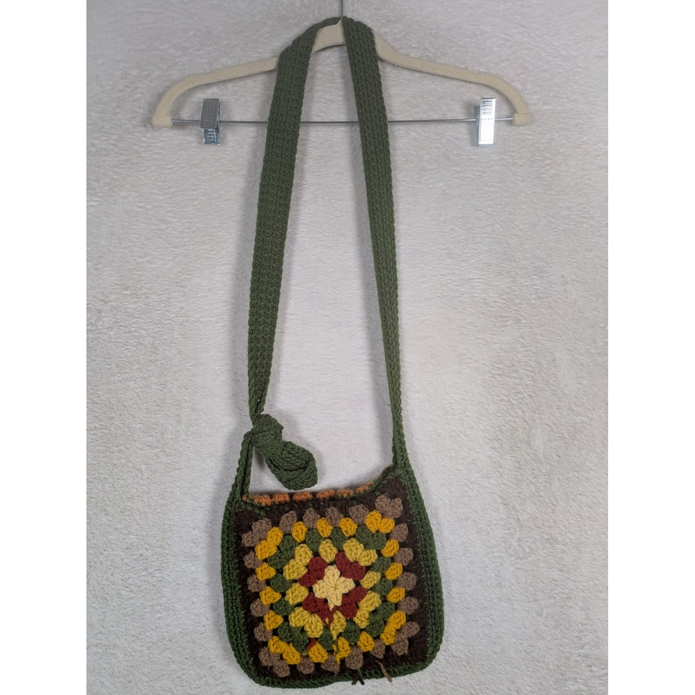 Handmade Granny Square Crossbody Bag Women's OS Green Brown Boho Retro 70s Style